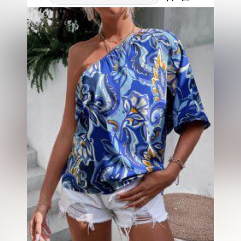 SHEIN Blue Paisley One-Shoulder Blouse